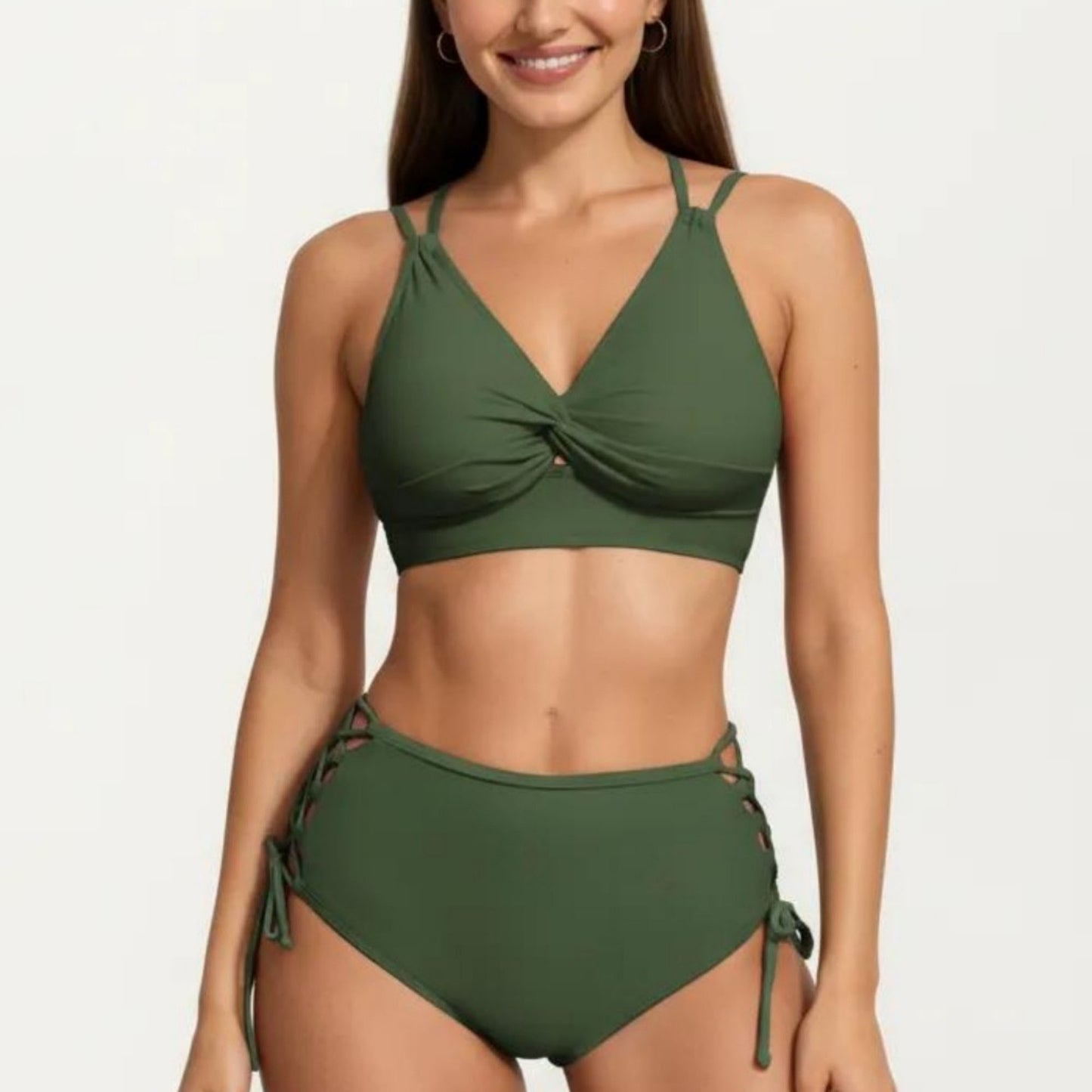 2-Piece Set Twist Front Bikini Top with Lace Up High Waisted Bottom