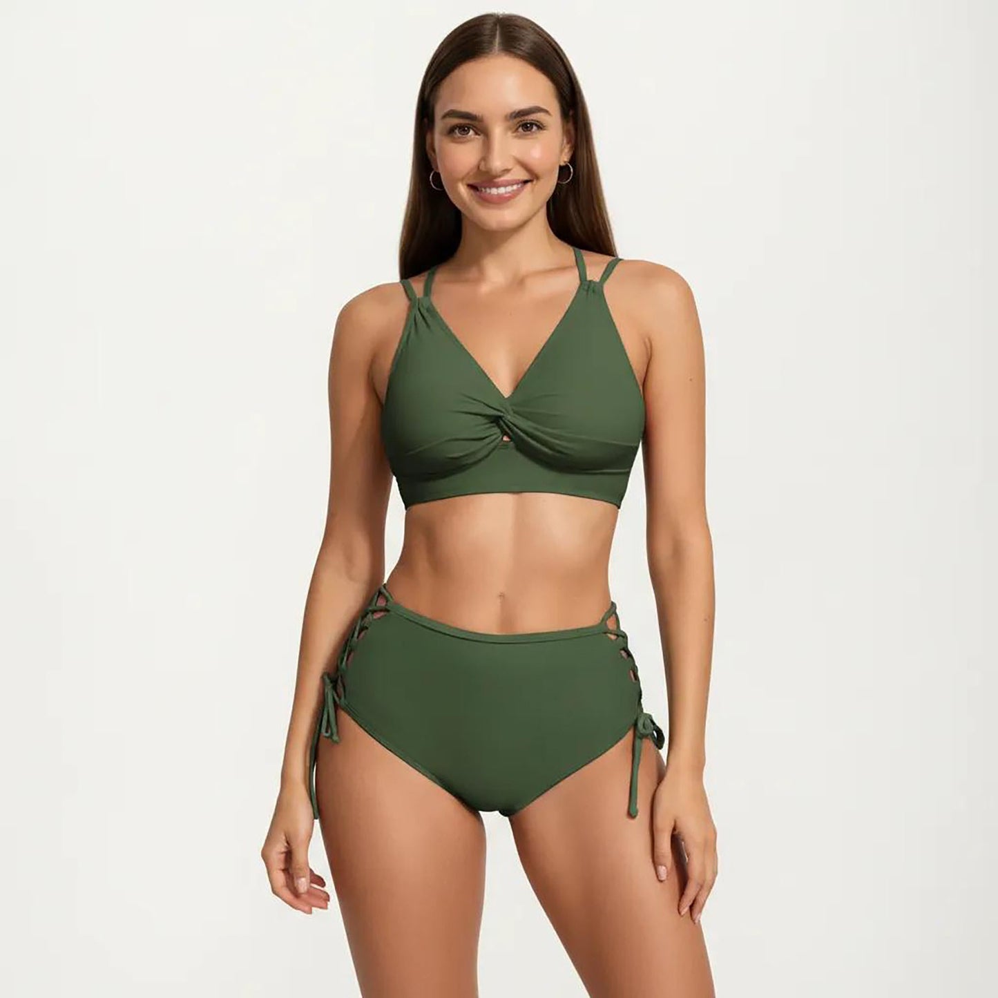 2-Piece Set Twist Front Bikini Top with Lace Up High Waisted Bottom