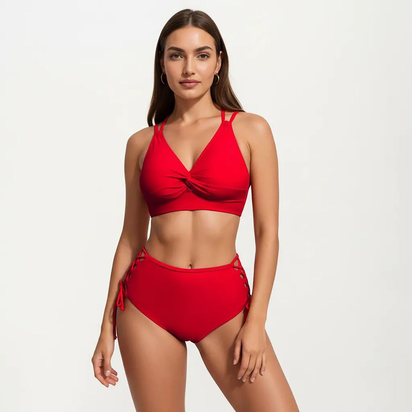 2-Piece Set Twist Front Bikini Top with Lace Up High Waisted Bottom