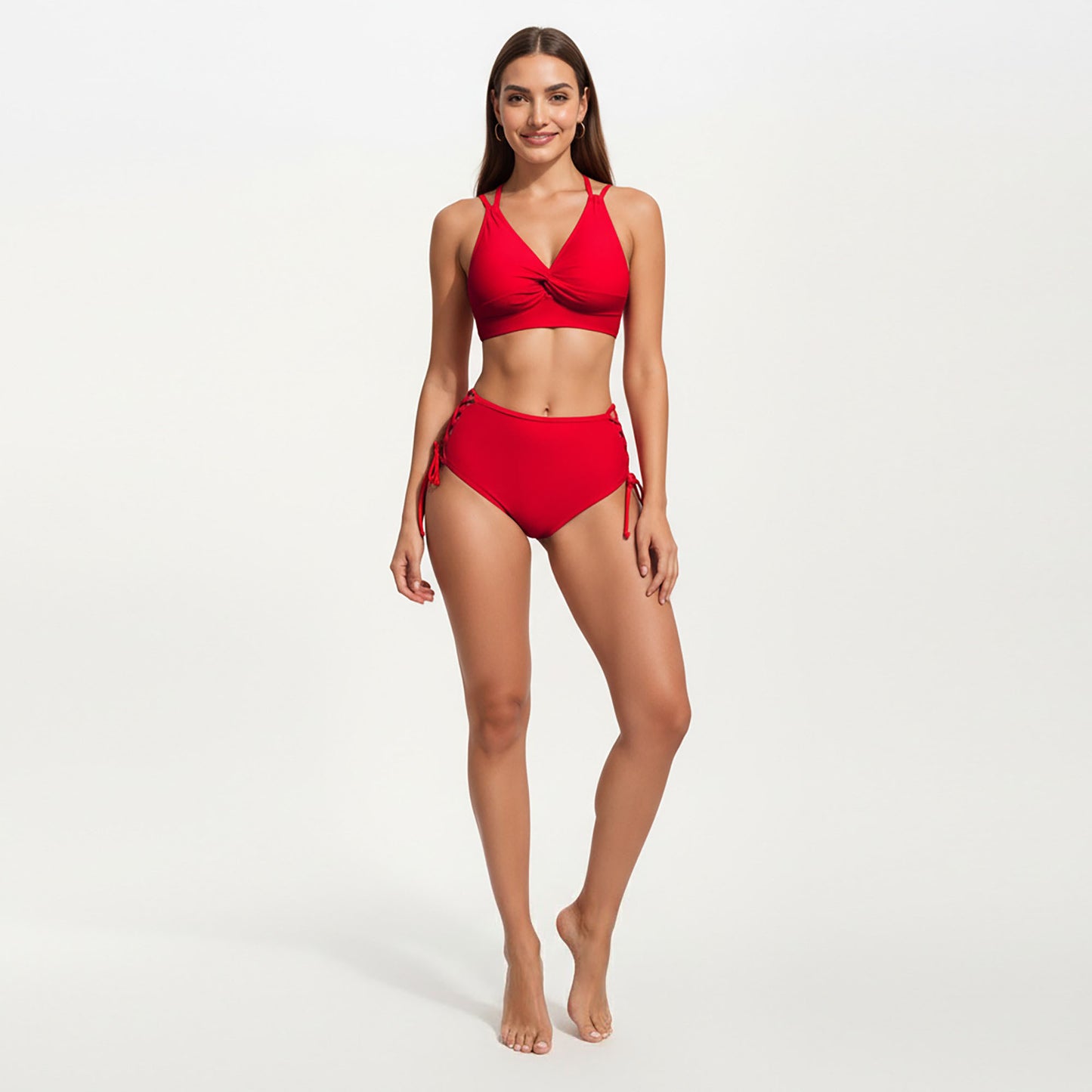 2-Piece Set Twist Front Bikini Top with Lace Up High Waisted Bottom
