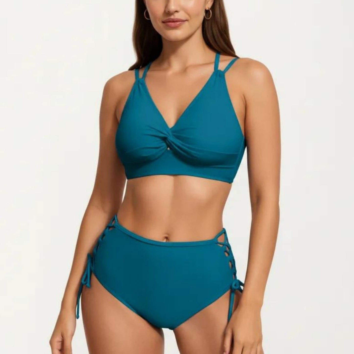 2-Piece Set Twist Front Bikini Top with Lace Up High Waisted Bottom