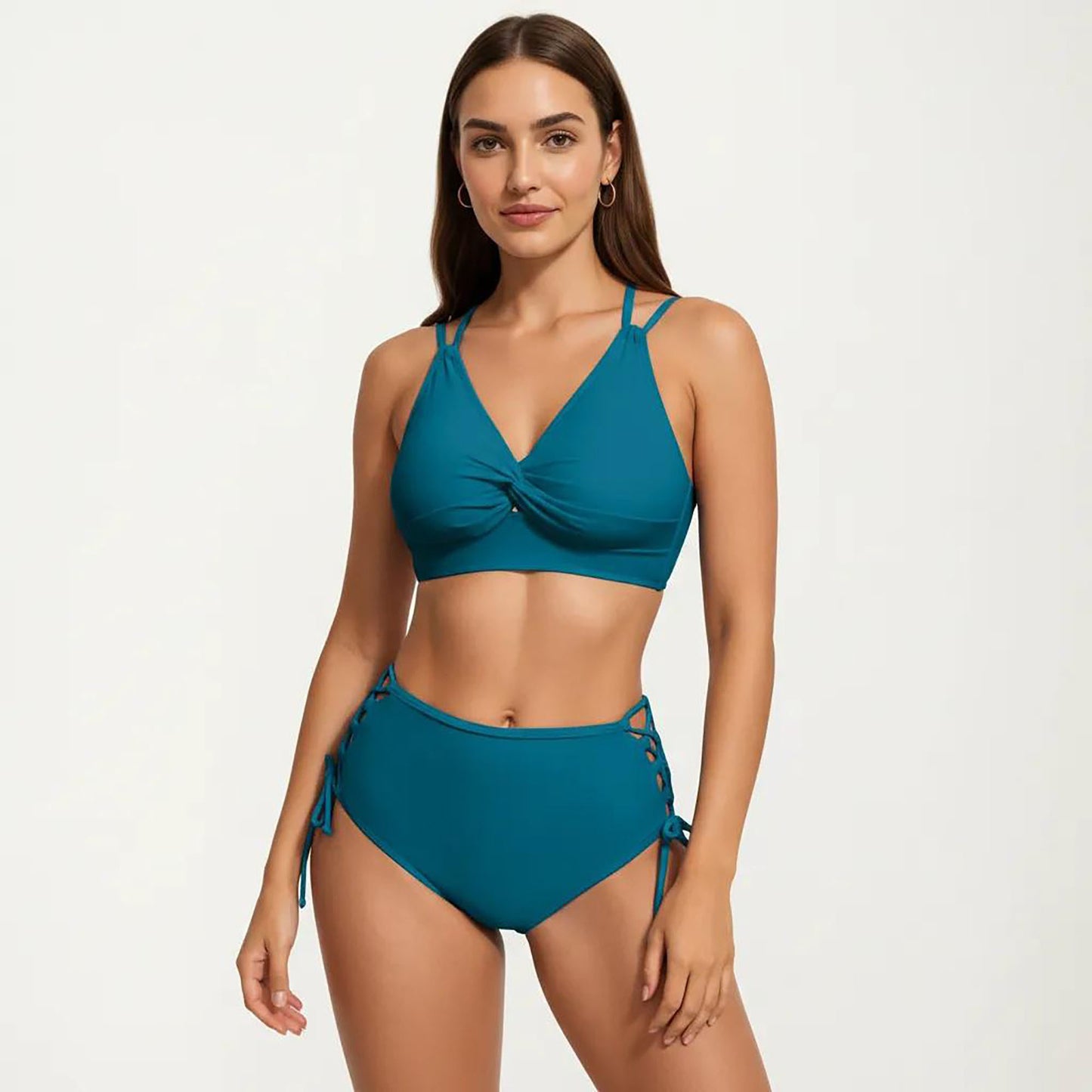 2-Piece Set Twist Front Bikini Top with Lace Up High Waisted Bottom