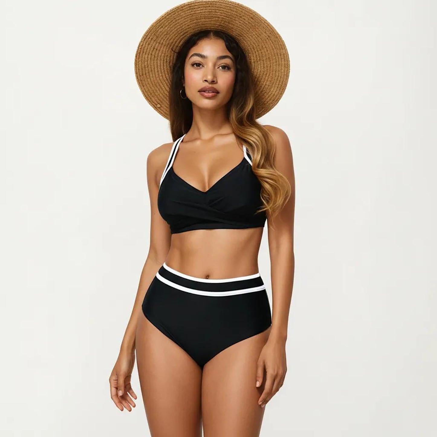 2-Piece Set Contrast Trim Bikini Top with High Waisted Bottom Swim Set