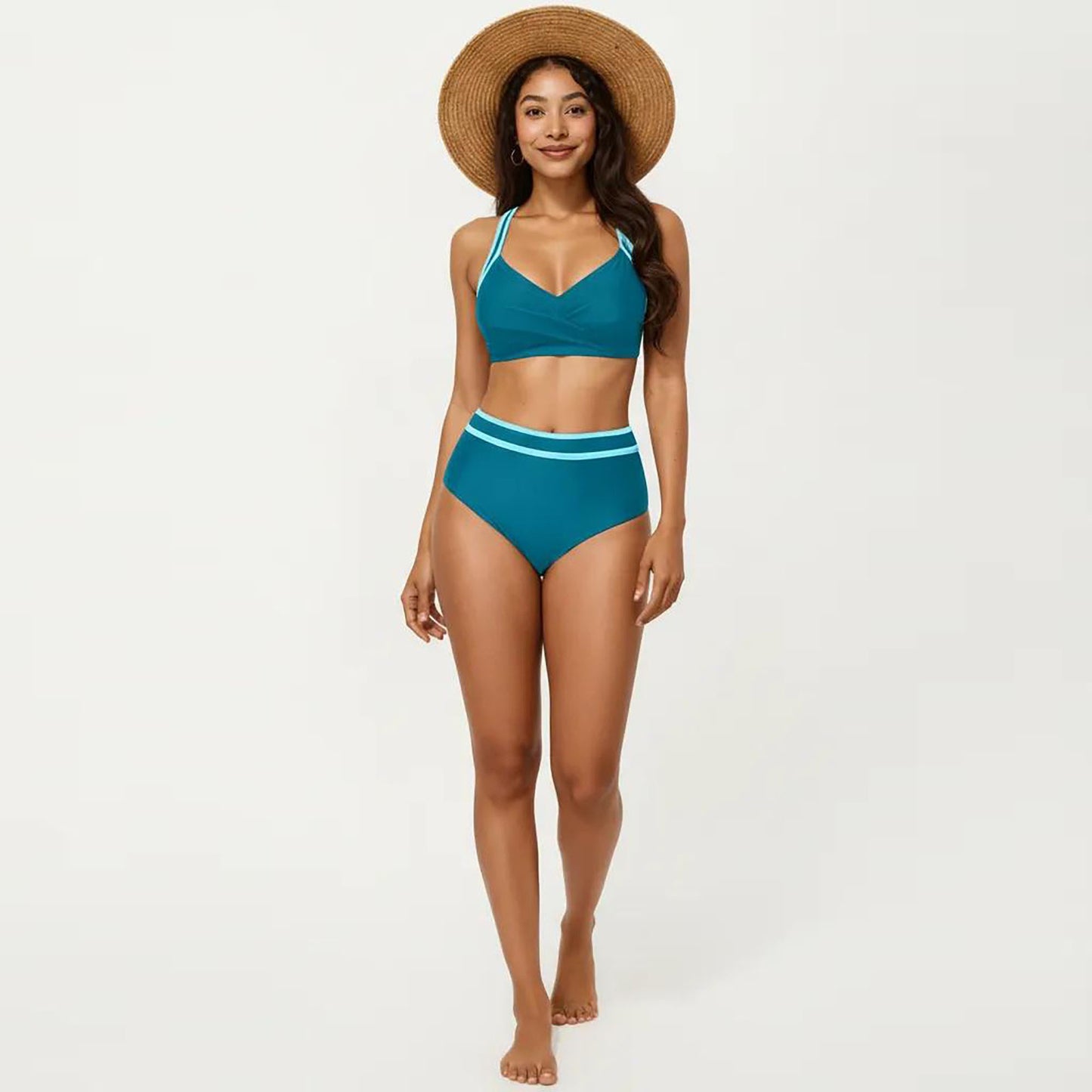 2-Piece Set Contrast Trim Bikini Top with High Waisted Bottom Swim Set