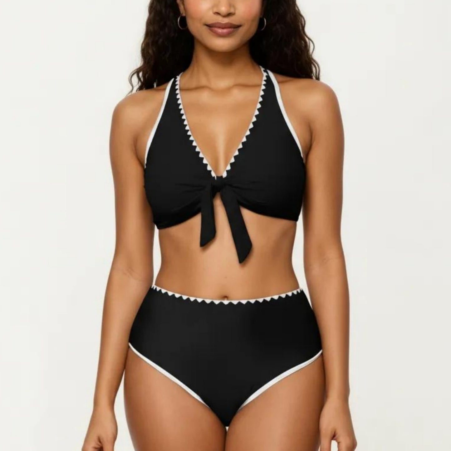 2-Piece Set Tie Front Bikini Top with Scalloped Trim and High Waisted Bottom
