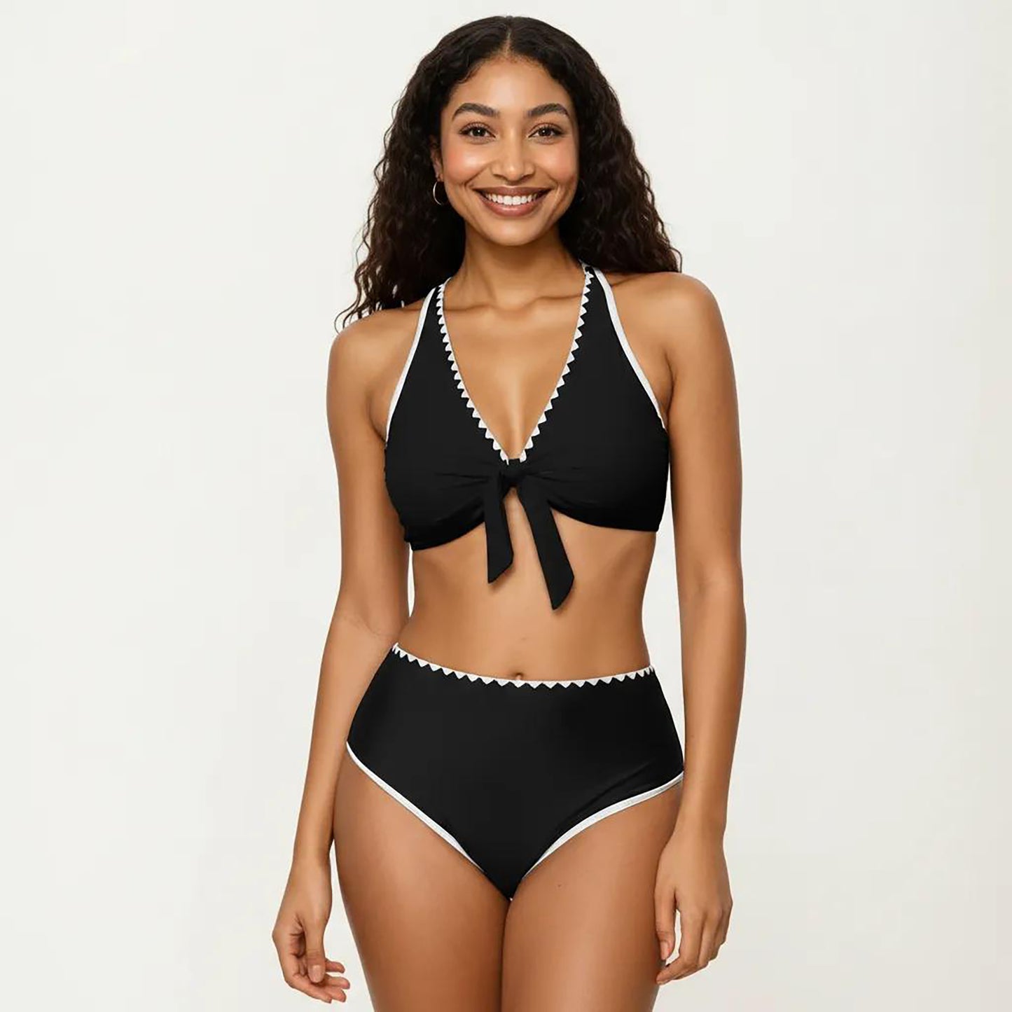 2-Piece Set Tie Front Bikini Top with Scalloped Trim and High Waisted Bottom
