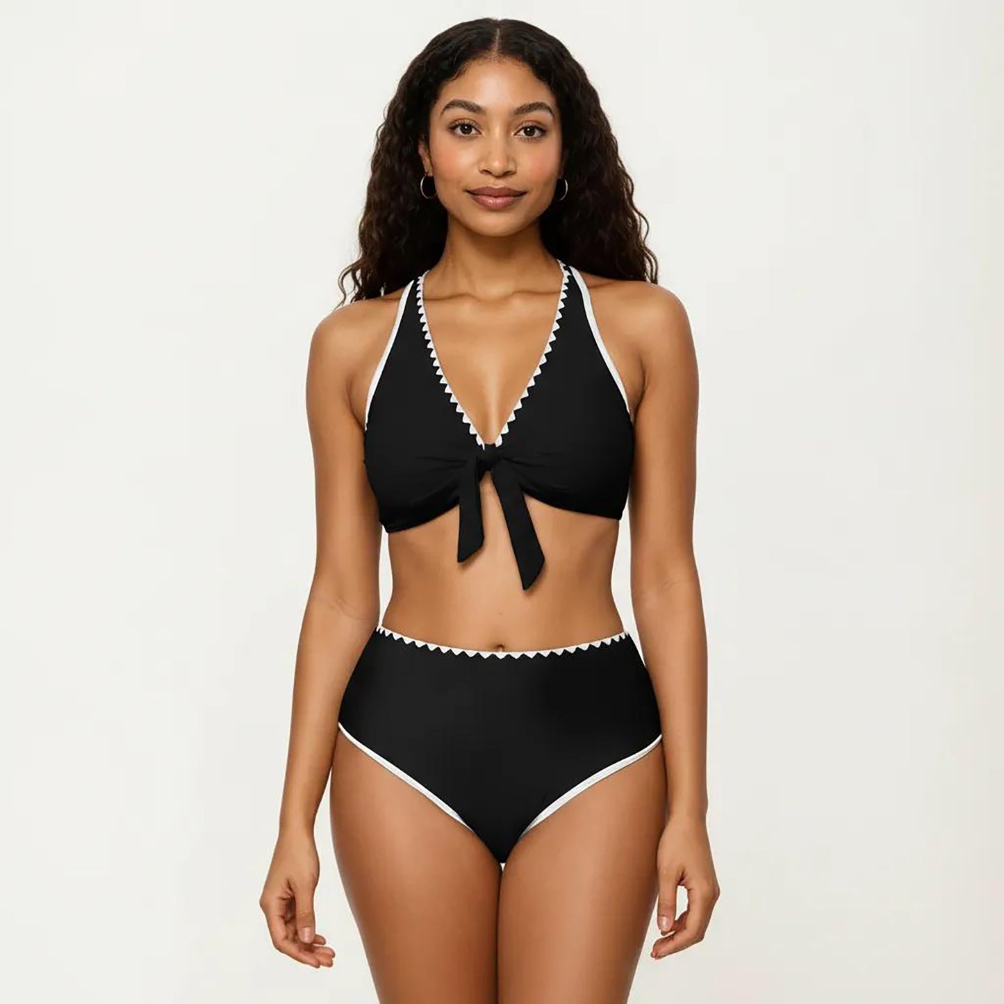 2-Piece Set Tie Front Bikini Top with Scalloped Trim and High Waisted Bottom