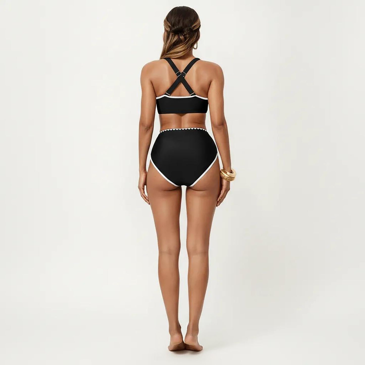 2-Piece Set Tie Front Bikini Top with Scalloped Trim and High Waisted Bottom
