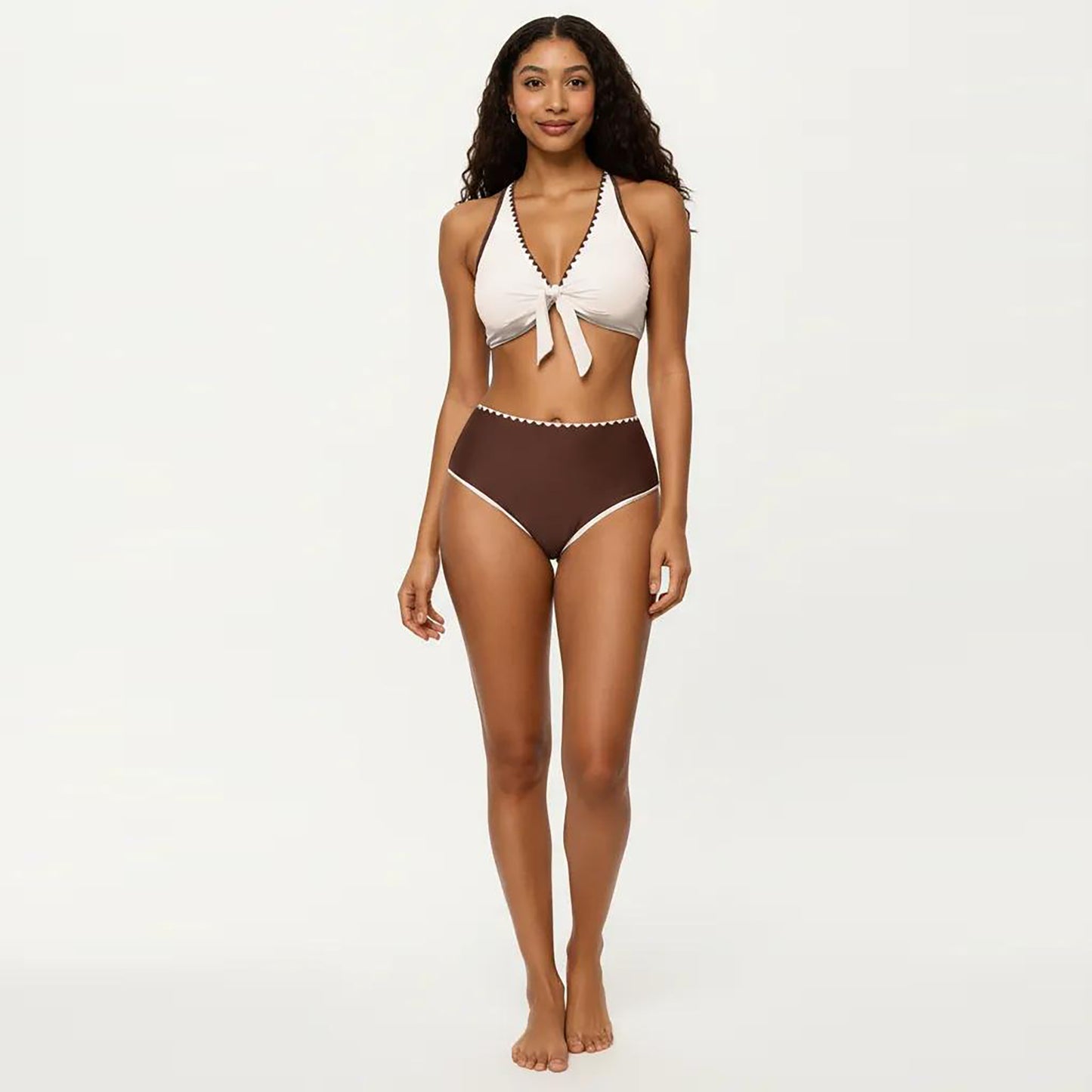 2-Piece Set Tie Front Bikini Top with Scalloped Trim and High Waisted Bottom