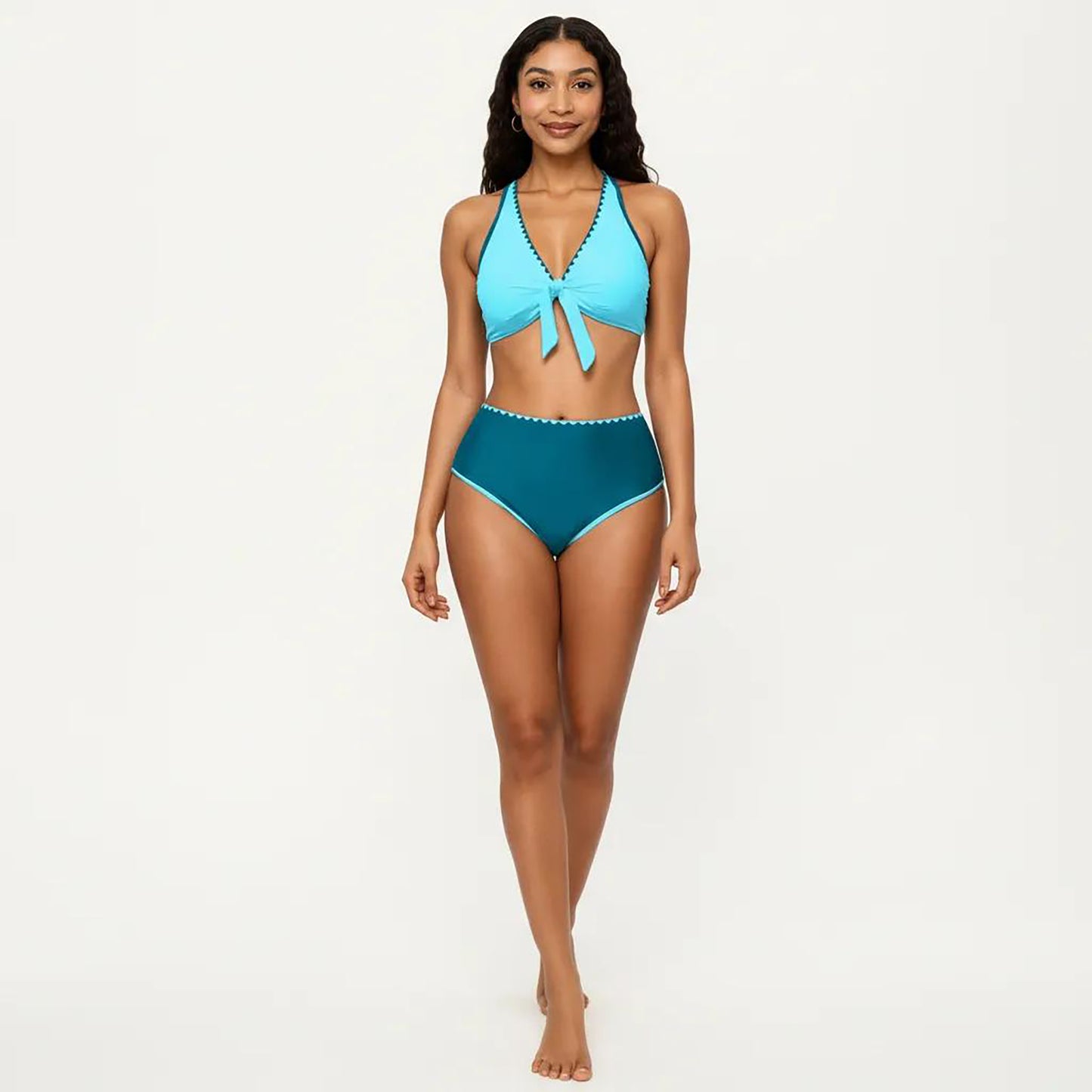 2-Piece Set Tie Front Bikini Top with Scalloped Trim and High Waisted Bottom