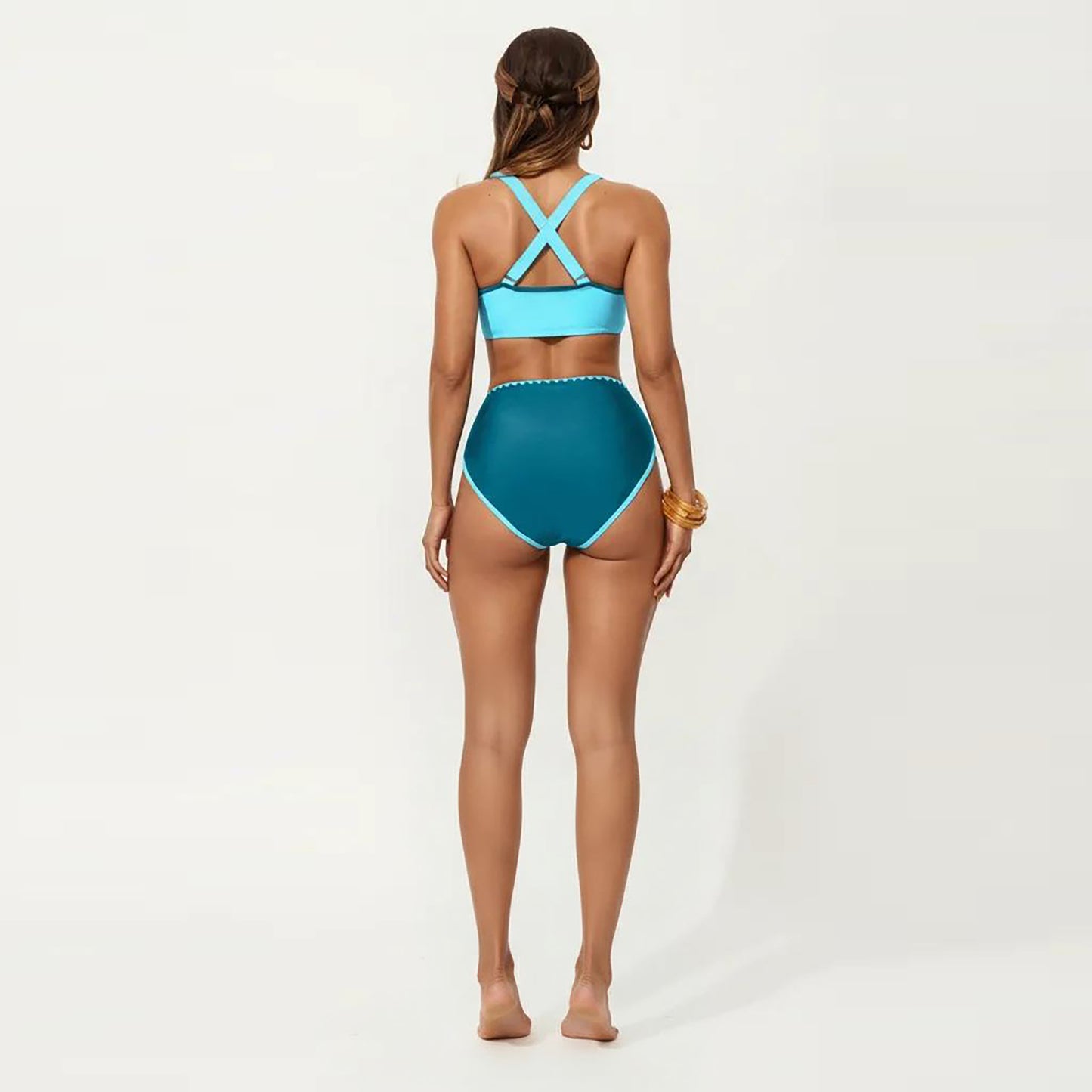 2-Piece Set Tie Front Bikini Top with Scalloped Trim and High Waisted Bottom