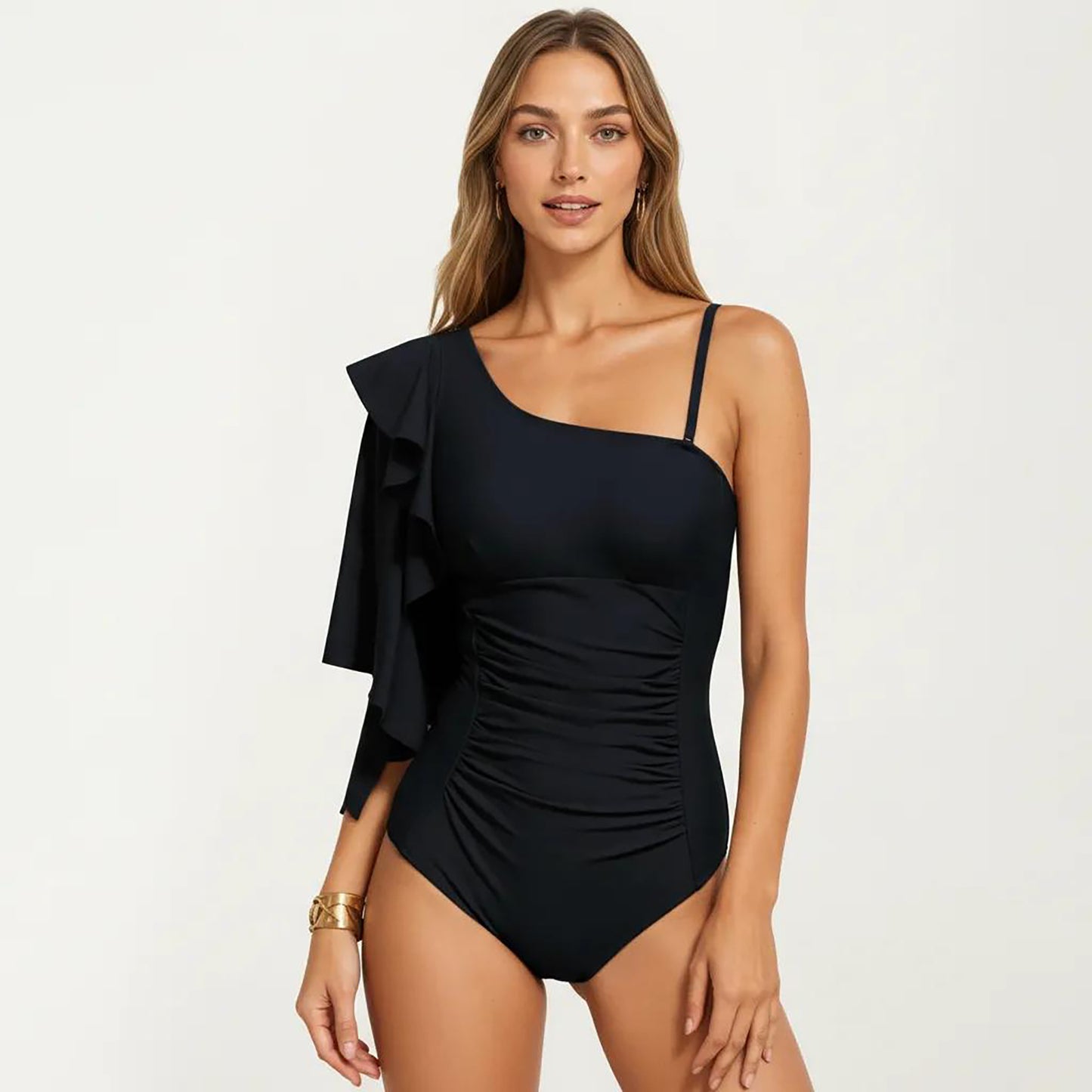 One Shoulder Ruffle One Piece Swimsuit with Ruched Tummy Control Fit