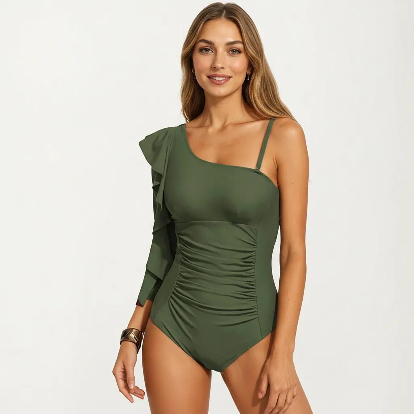 One Shoulder Ruffle One Piece Swimsuit with Ruched Tummy Control Fit