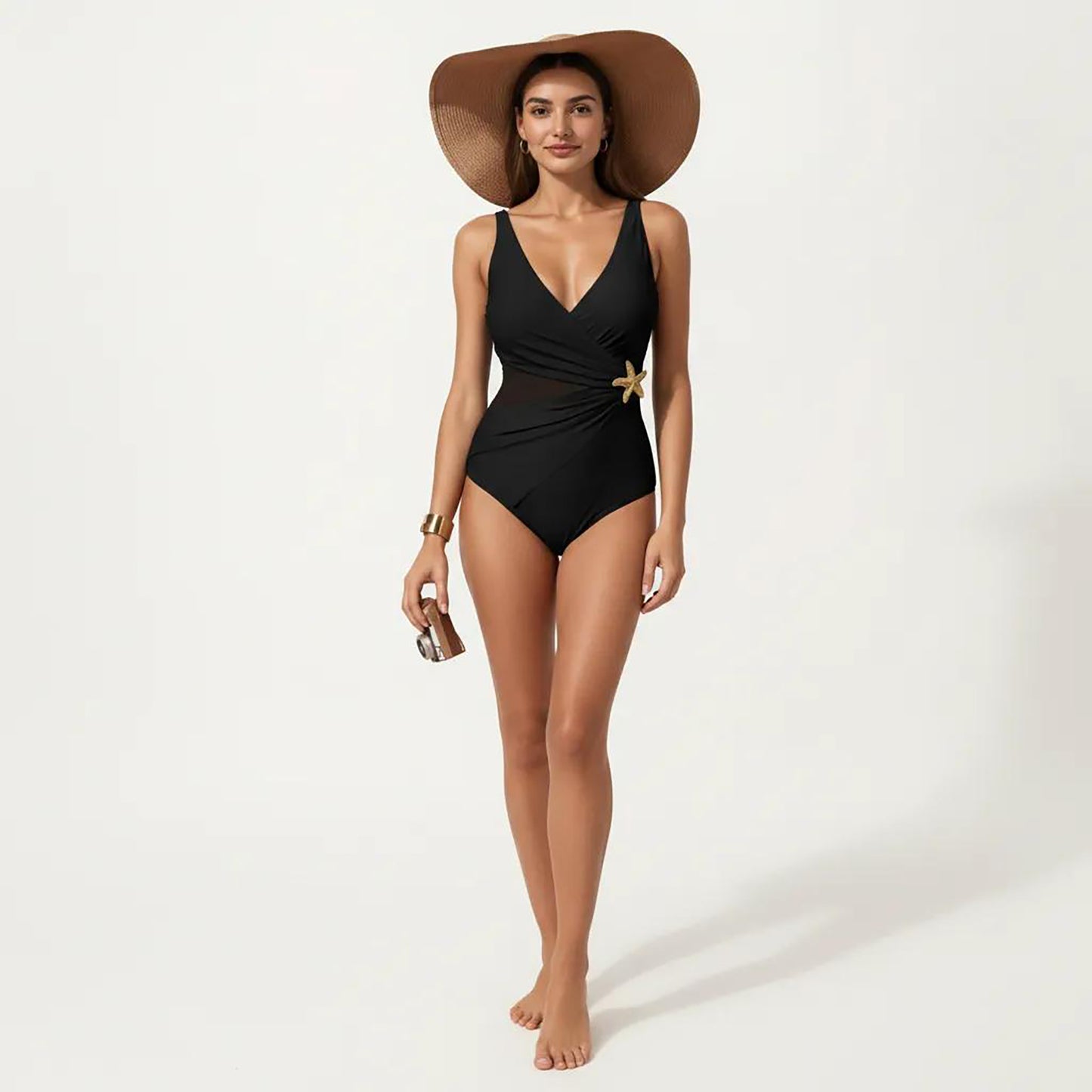 Color Block Wrap One Piece Swimsuit with Starfish Detail and Sculpted Fit