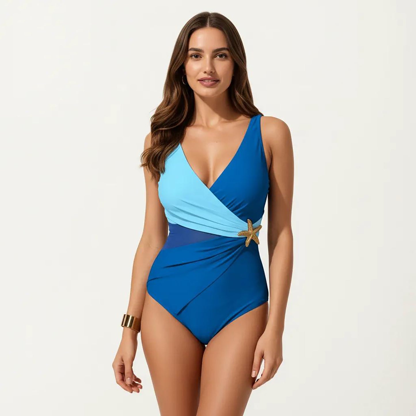 Color Block Wrap One Piece Swimsuit with Starfish Detail and Sculpted Fit