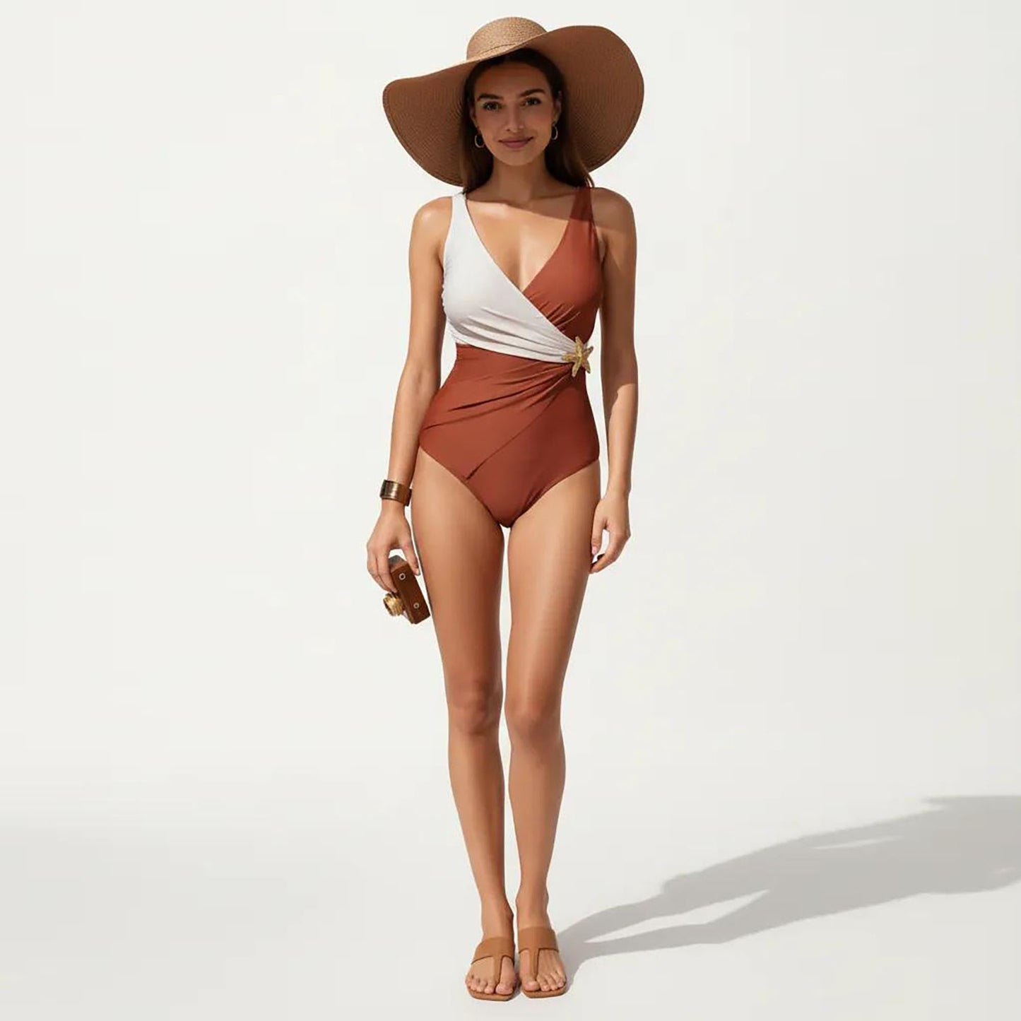 Color Block Wrap One Piece Swimsuit with Starfish Detail and Sculpted Fit