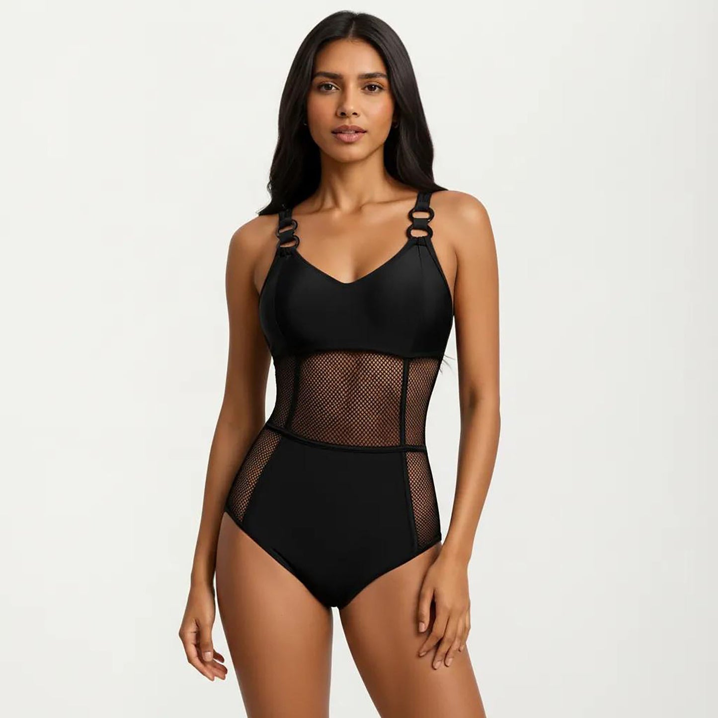 Mesh Panel One Piece Swimsuit with Ring Strap Detail and Sculpted Fit