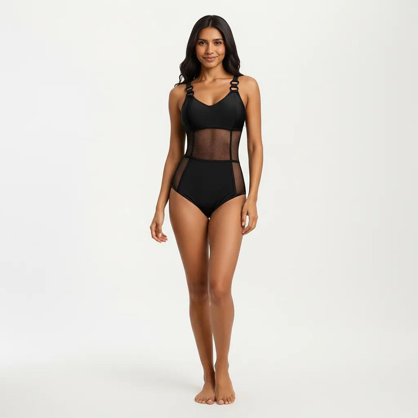 Mesh Panel One Piece Swimsuit with Ring Strap Detail and Sculpted Fit