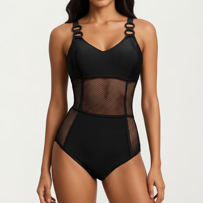 Mesh Panel One Piece Swimsuit with Ring Strap Detail and Sculpted Fit