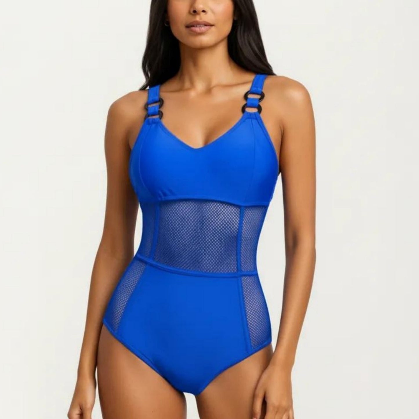 Mesh Panel One Piece Swimsuit with Ring Strap Detail and Sculpted Fit