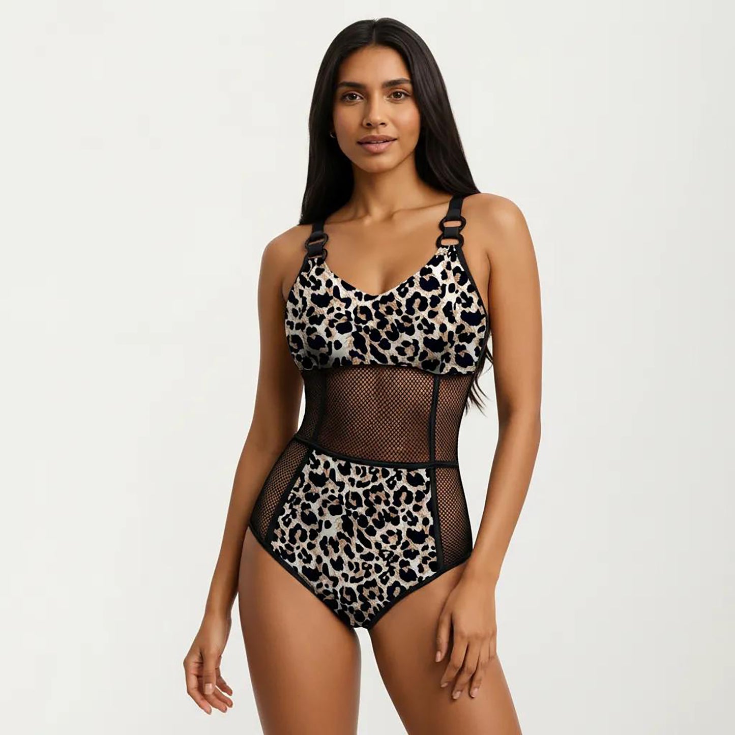 Mesh Panel One Piece Swimsuit with Ring Strap Detail and Sculpted Fit