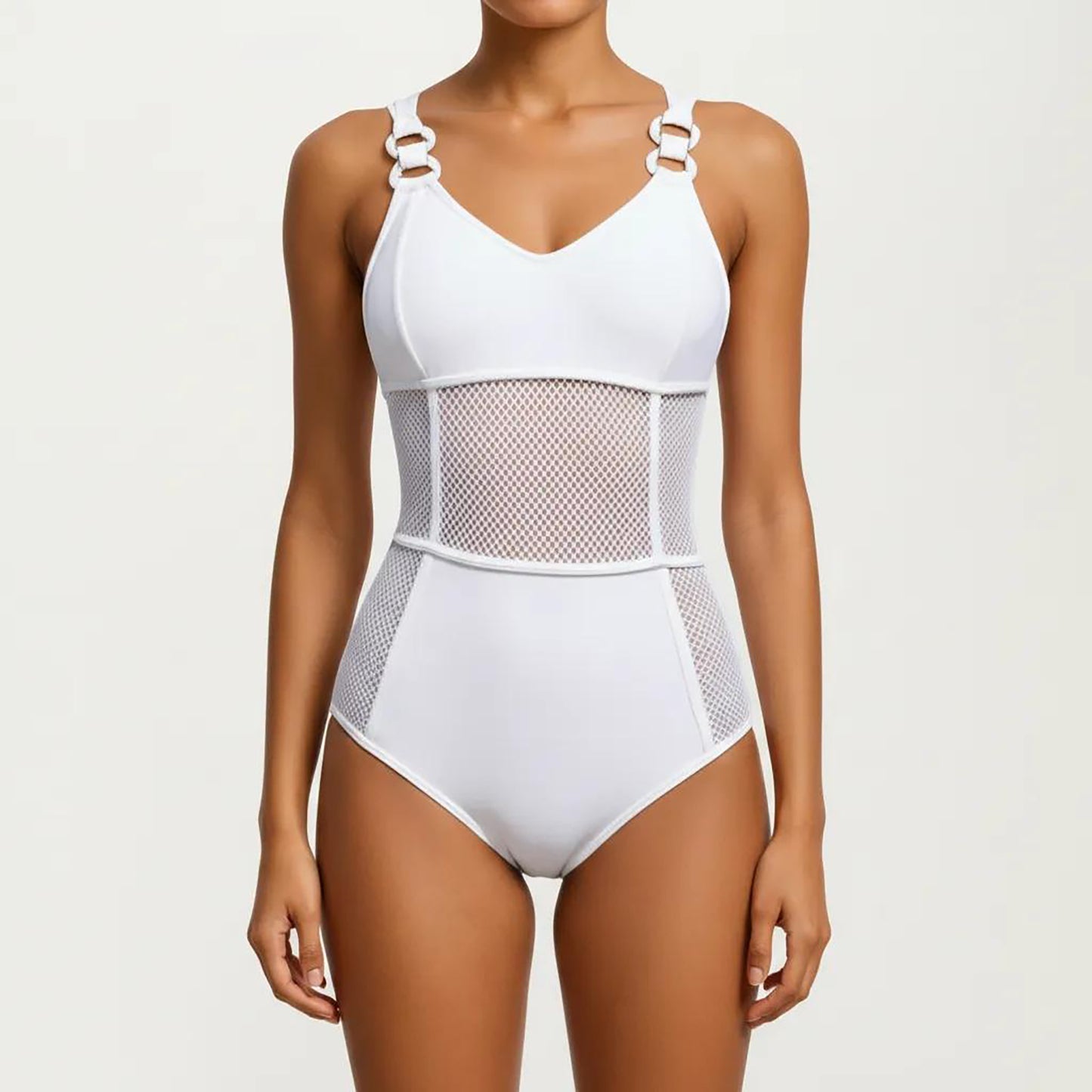 Mesh Panel One Piece Swimsuit with Ring Strap Detail and Sculpted Fit