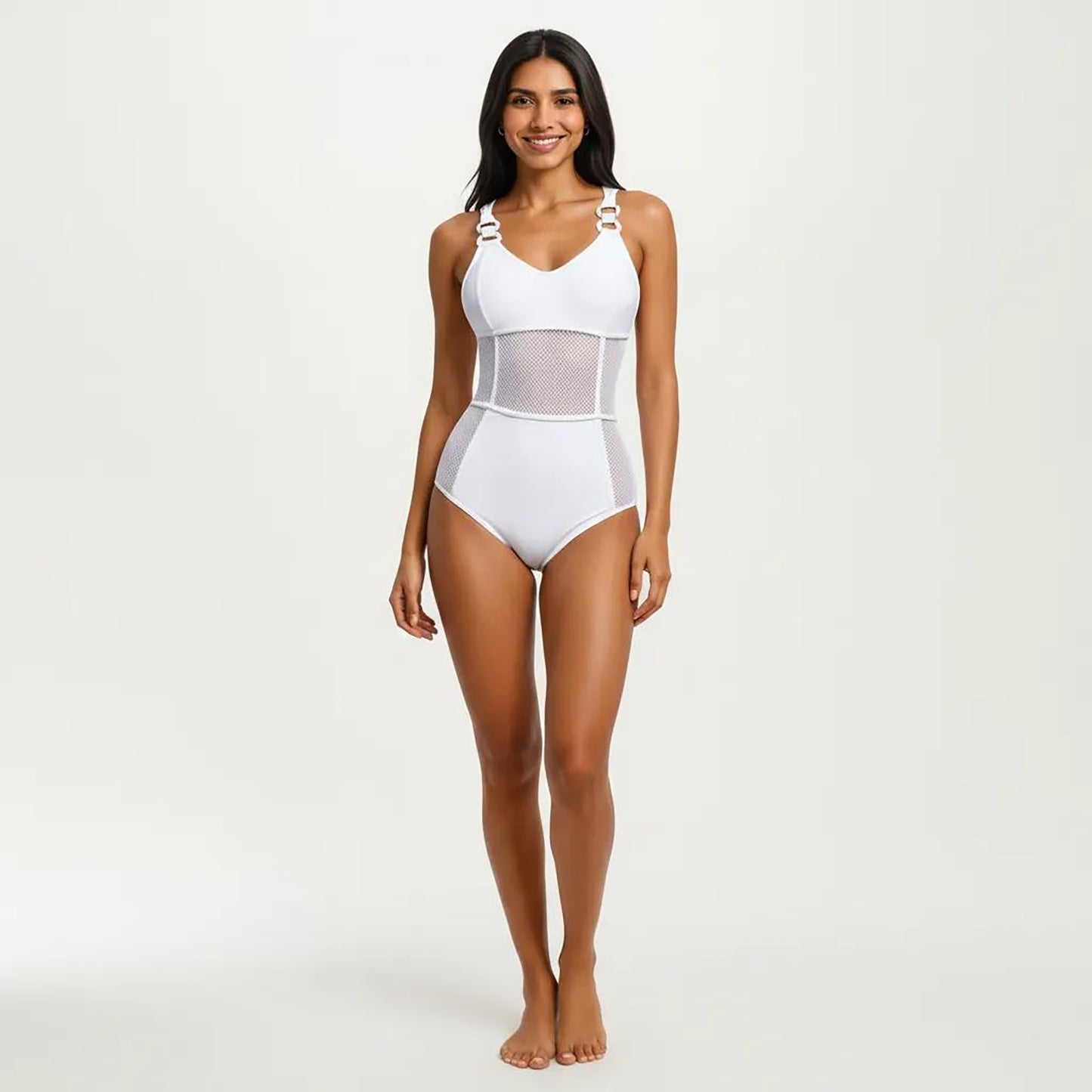 Mesh Panel One Piece Swimsuit with Ring Strap Detail and Sculpted Fit