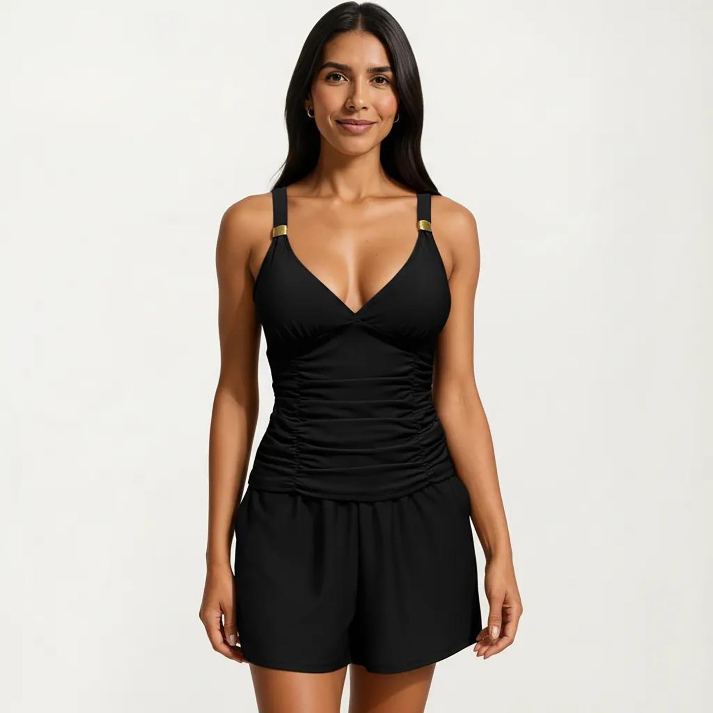 2-Piece Set Ruched Tankini Top with Adjustable Straps and Relaxed Swim Shorts