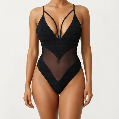 Plunge One Piece Swimsuit with Sheer Mesh Panel and High Cut Leg Design