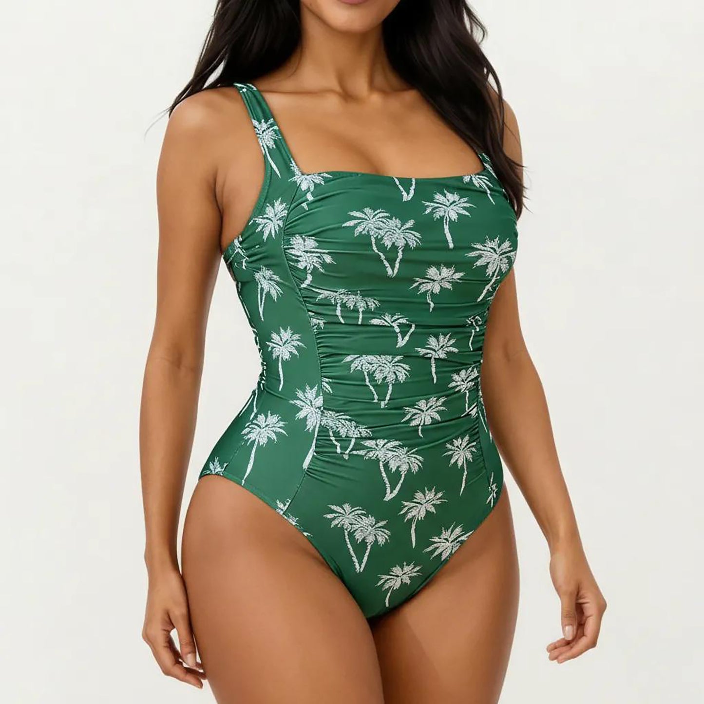 Palm Print One Piece Swimsuit with Square Neckline and Ruched Tummy Control Fit