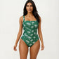 Palm Print One Piece Swimsuit with Square Neckline and Ruched Tummy Control Fit