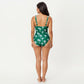 Palm Print One Piece Swimsuit with Square Neckline and Ruched Tummy Control Fit