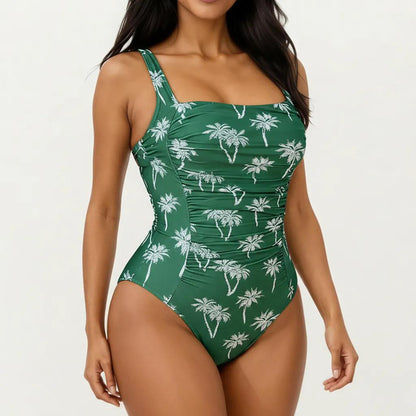 Palm Print One Piece Swimsuit with Square Neckline and Ruched Tummy Control Fit