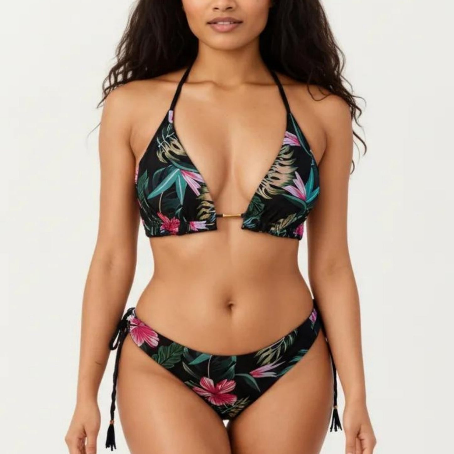 2-Piece Halter Bikini Set with Tropical Print and Tie Side Bottom