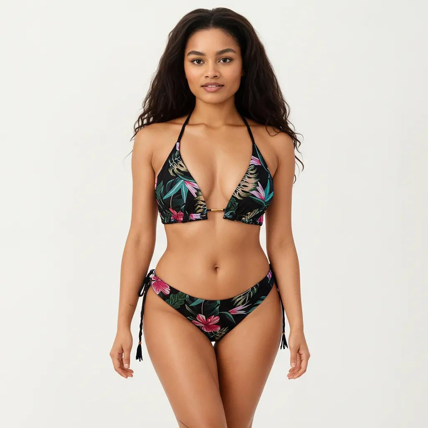 2-Piece Halter Bikini Set with Tropical Print and Tie Side Bottom