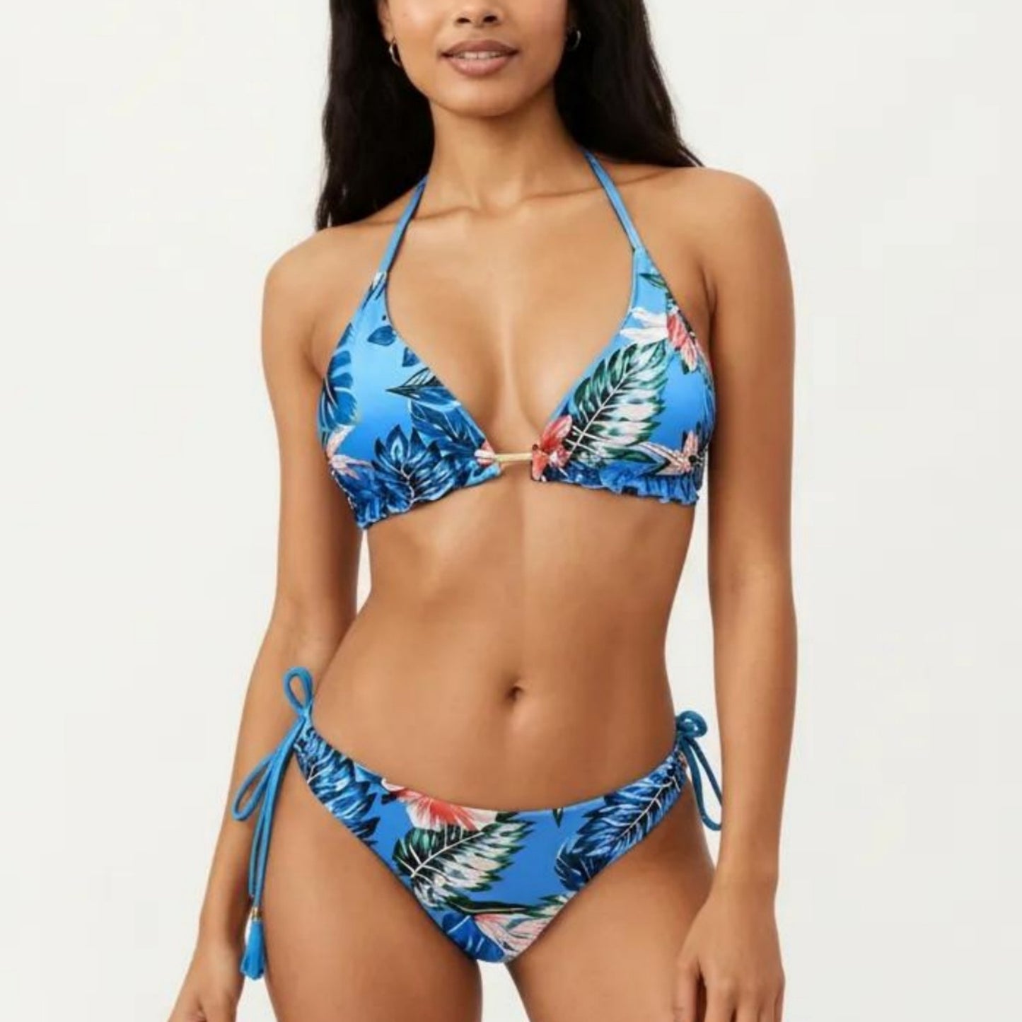 2-Piece Halter Bikini Set with Tropical Print and Tie Side Bottom