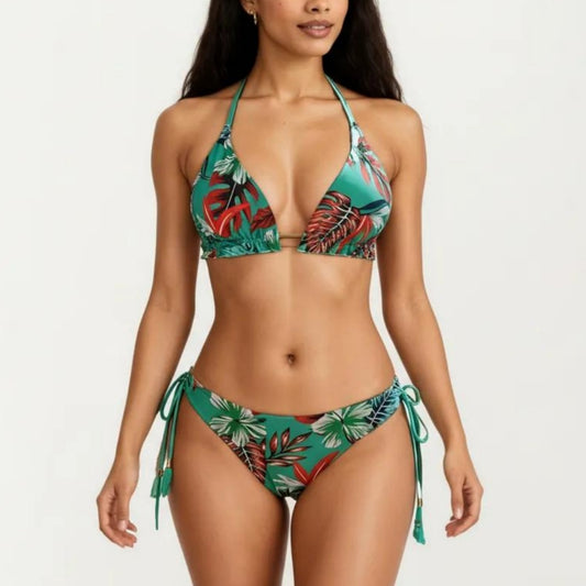 2-Piece Halter Bikini Set with Tropical Print and Tie Side Bottom