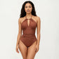 One Piece Halter Swimsuit with Keyhole Neckline and Twist Waist Detail