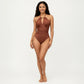 One Piece Halter Swimsuit with Keyhole Neckline and Twist Waist Detail