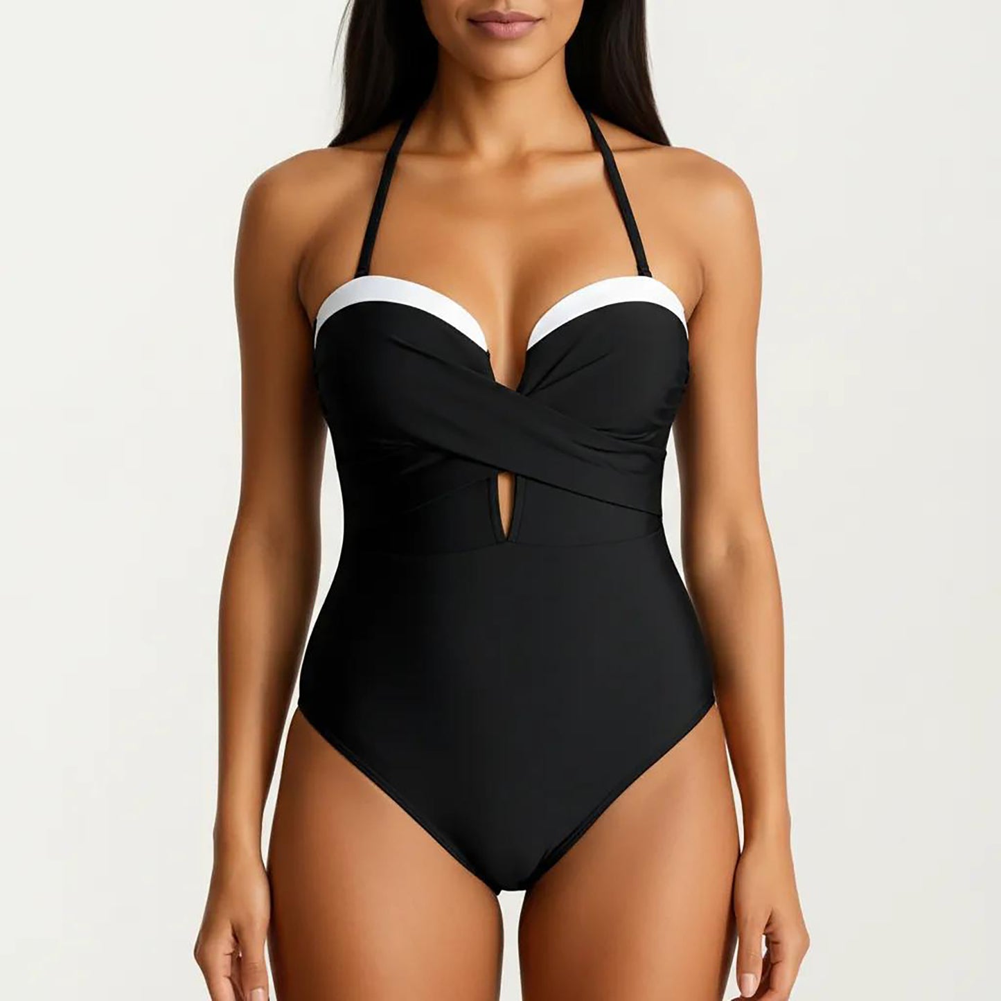 One Piece Halter Swimsuit with Twist Front Bodice and Contrast Trim Detail