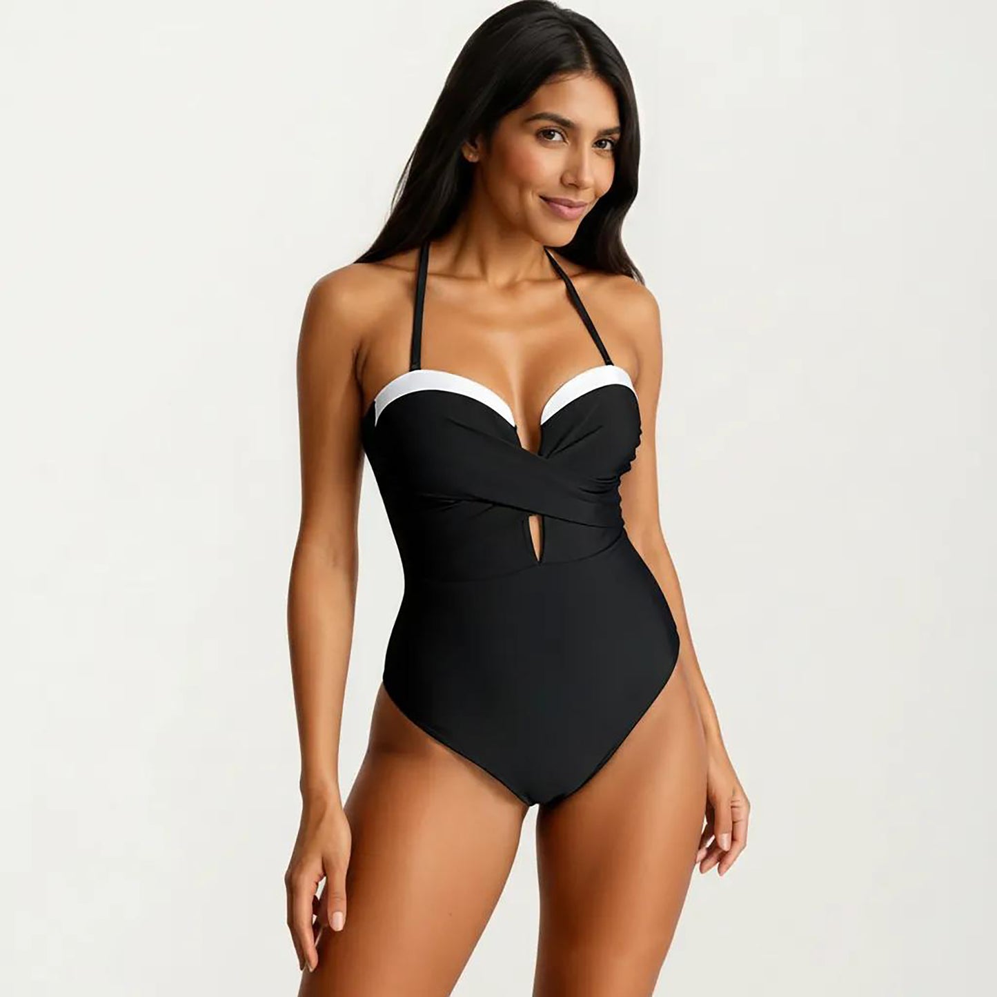 One Piece Halter Swimsuit with Twist Front Bodice and Contrast Trim Detail