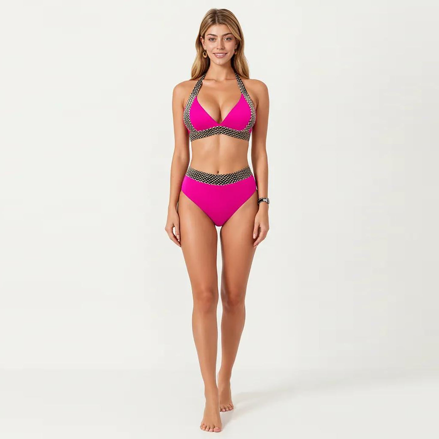 2-Piece High Waisted Bikini Set with Halter Top and Textured Trim Detail