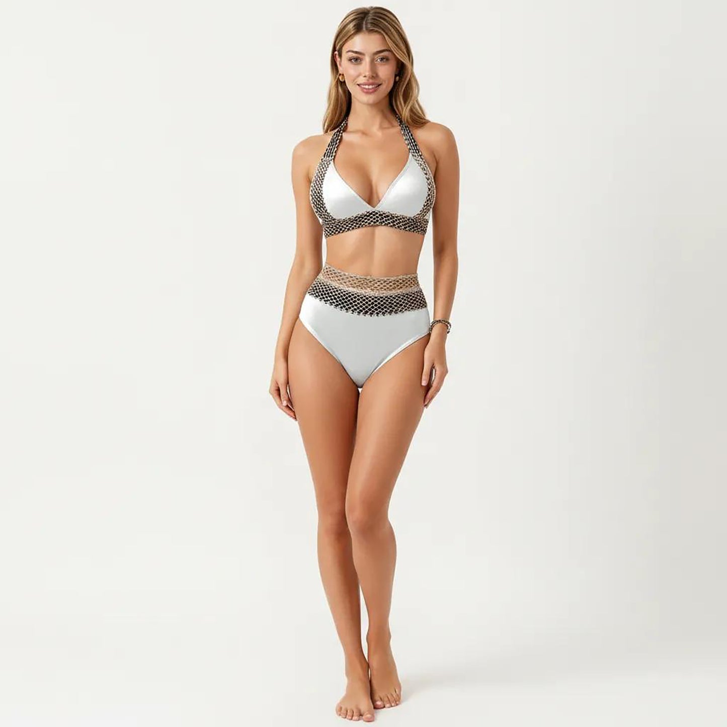 2-Piece High Waisted Bikini Set with Halter Top and Textured Trim Detail