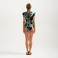 One Piece Swimsuit with Flutter Sleeves and Half Zip V Neck Design