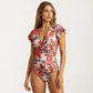One Piece Swimsuit with Flutter Sleeves and Half Zip V Neck Design