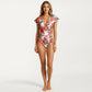 One Piece Swimsuit with Flutter Sleeves and Half Zip V Neck Design