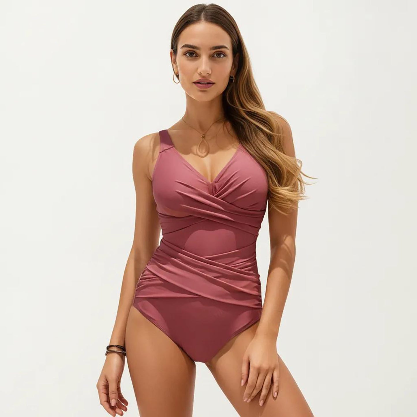One Piece Swimsuit with Surplice V Neck and Ruched Crossover Waist Detail