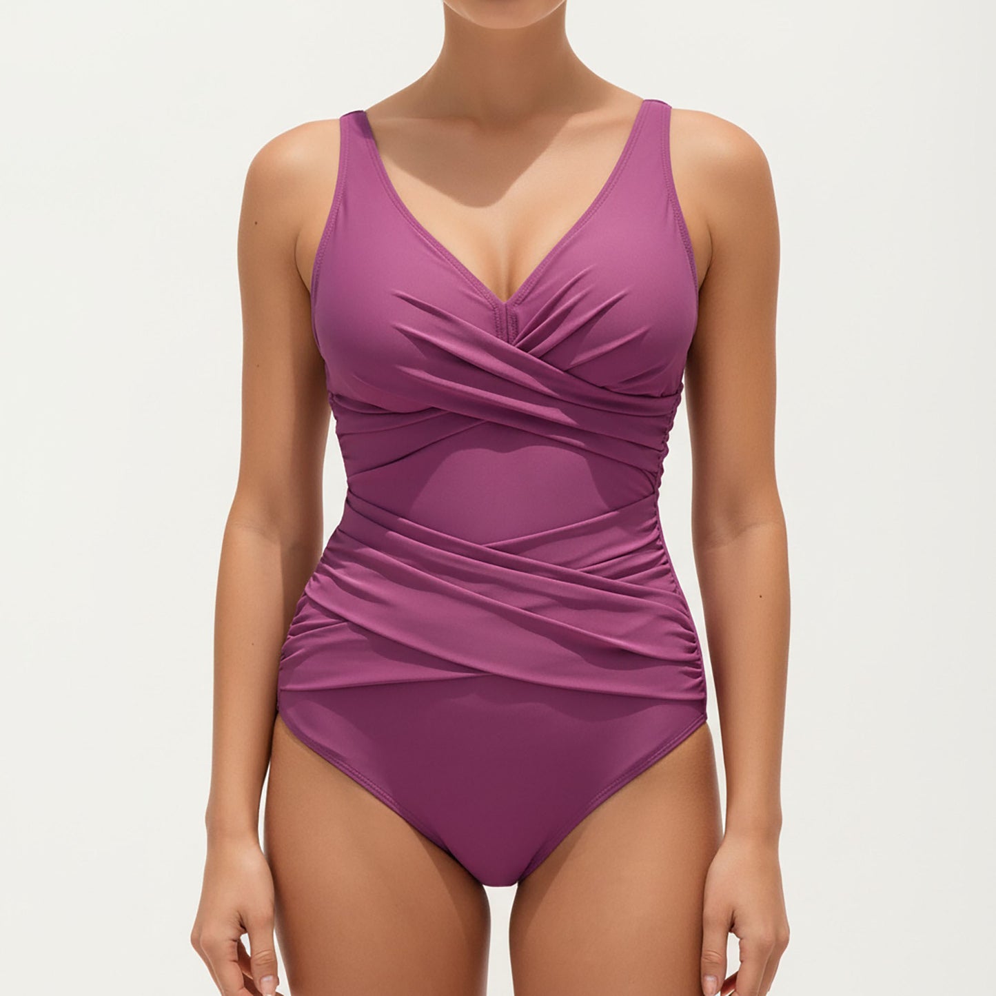 One Piece Swimsuit with Surplice V Neck and Ruched Crossover Waist Detail