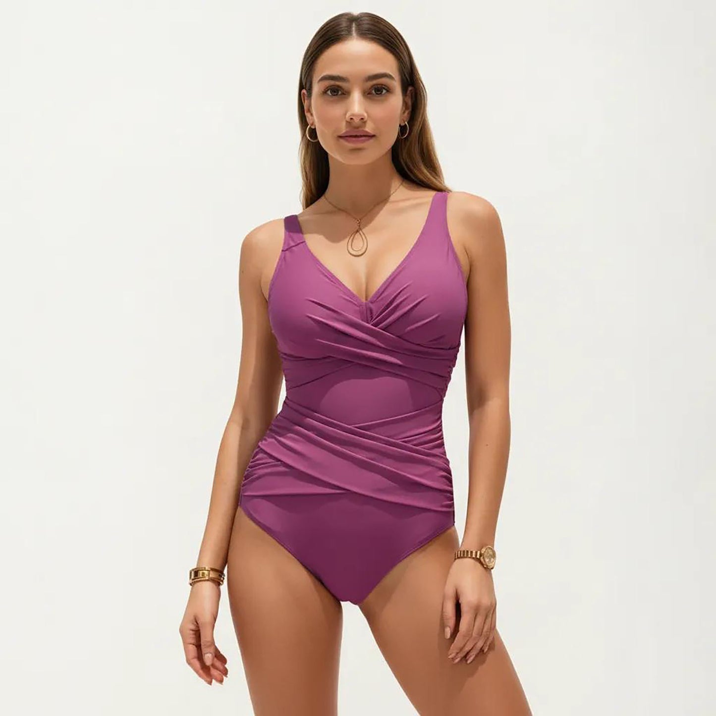 One Piece Swimsuit with Surplice V Neck and Ruched Crossover Waist Detail