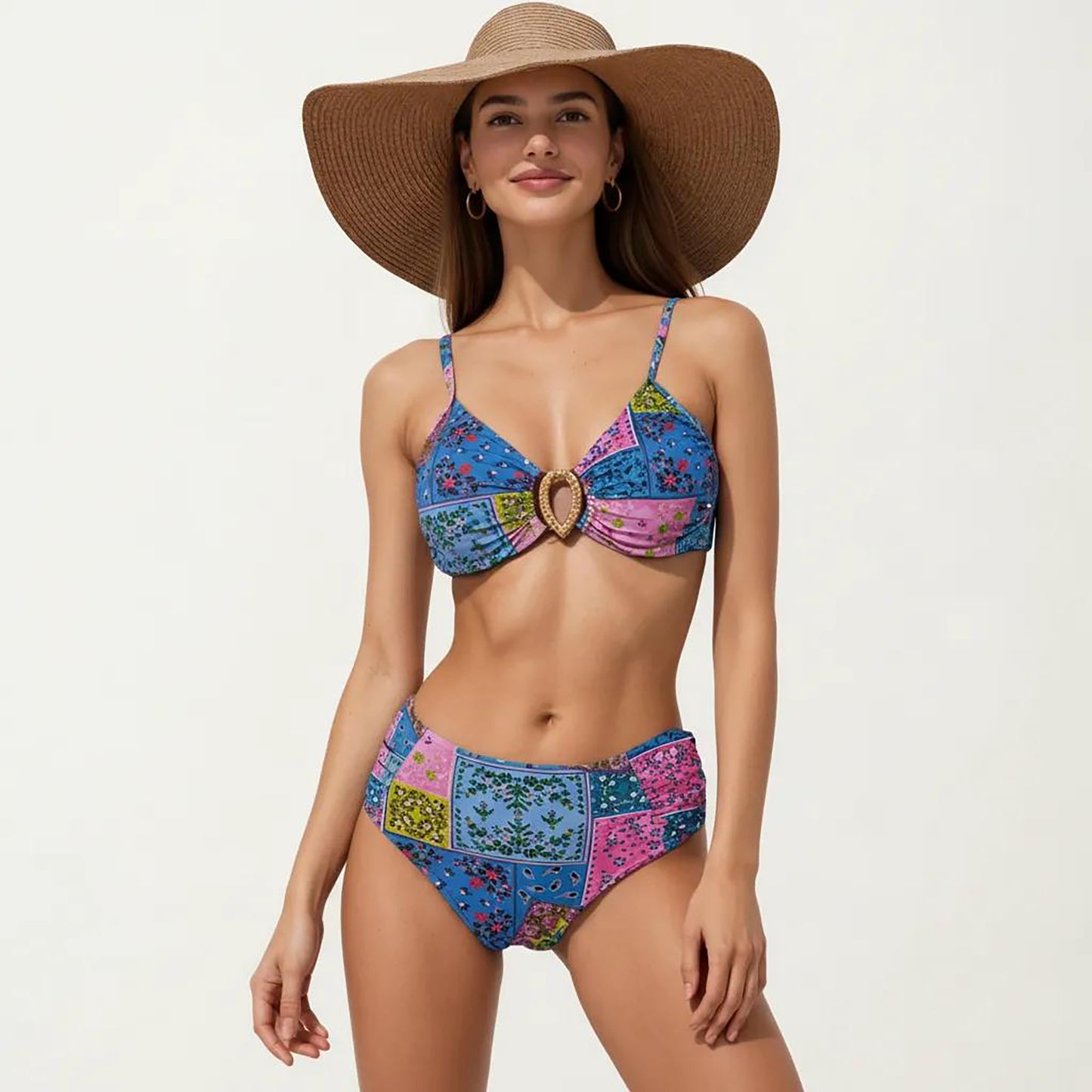 2-Piece High Waisted Bikini Set with Ring Detail Top and Patchwork Print